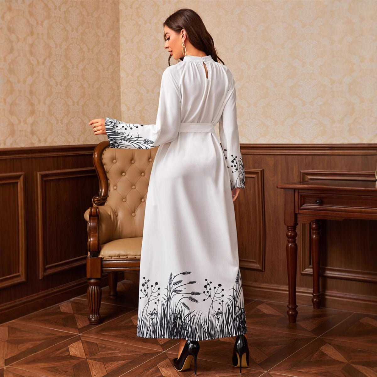 Modest Elegant Botanical Print Maxi Dress | White Crew Neck Long Sleeve Dress(MA267) - Mariam's Collection