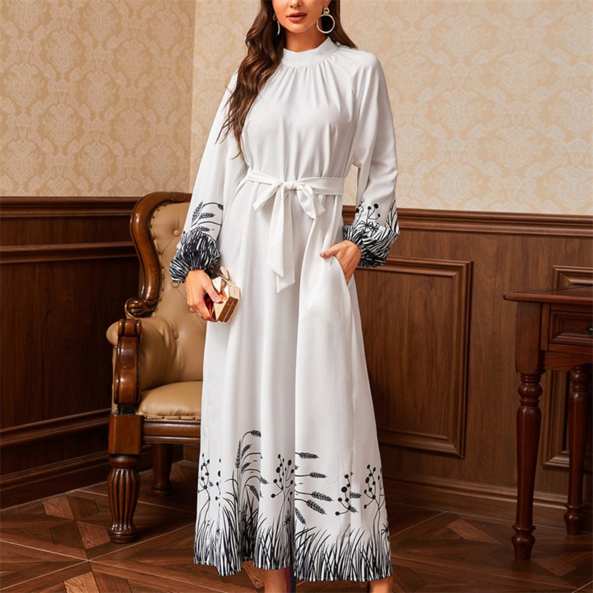 Modest Elegant Botanical Print Maxi Dress | White Crew Neck Long Sleeve Dress(MA267) - Mariam's Collection