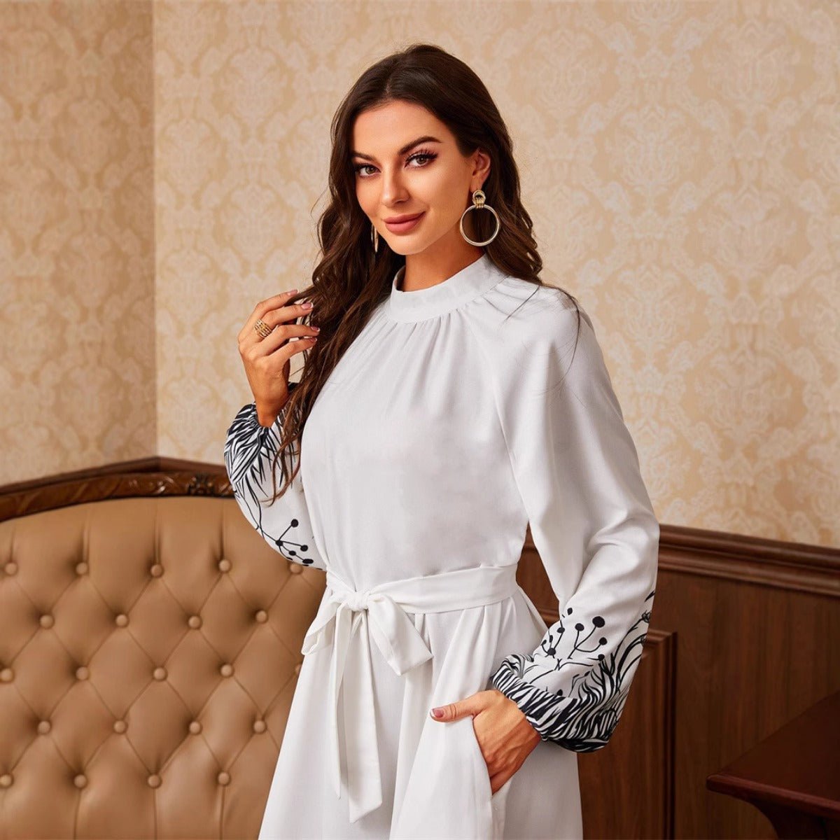 Modest Elegant Botanical Print Maxi Dress | White Crew Neck Long Sleeve Dress(MA267) - Mariam's Collection