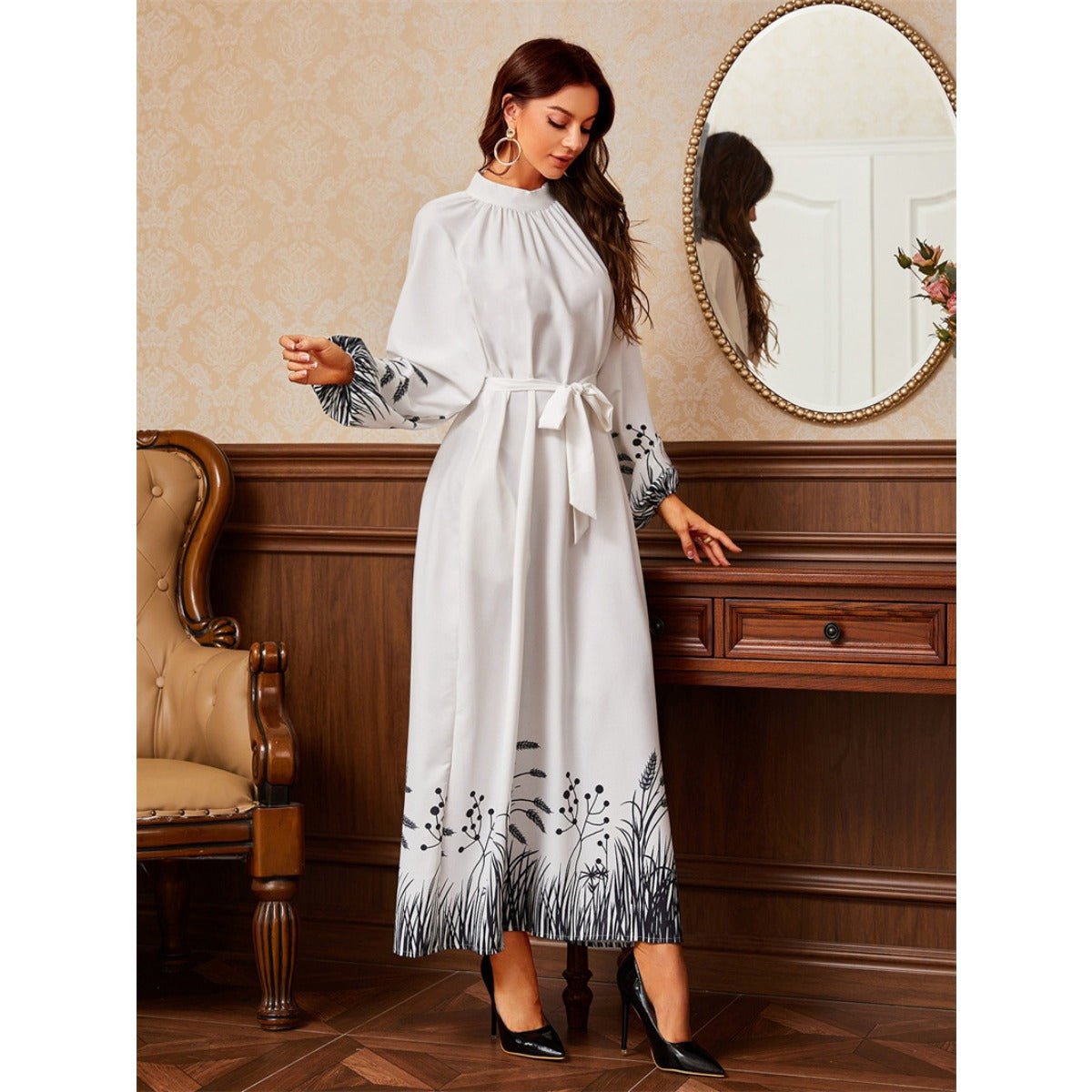 Modest Elegant Botanical Print Maxi Dress | White Crew Neck Long Sleeve Dress(MA267) - Mariam's Collection