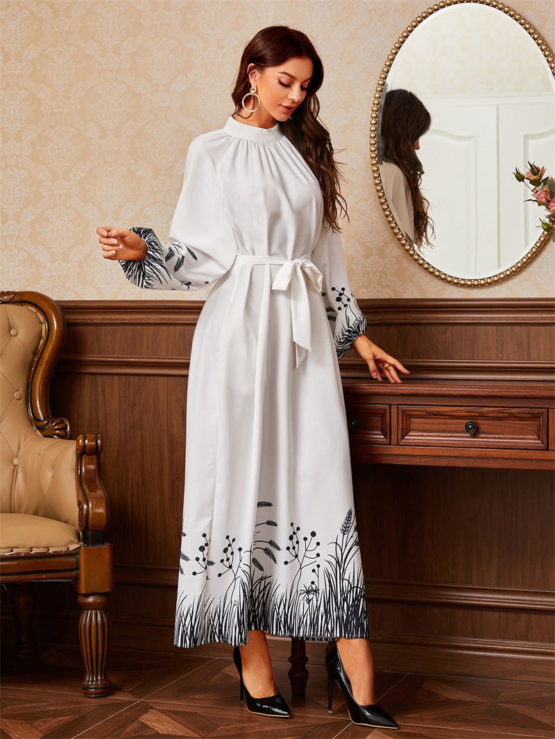 Modest Elegant Botanical Print Maxi Dress | White Crew Neck Long Sleeve Dress(MA267) - Mariam's Collection