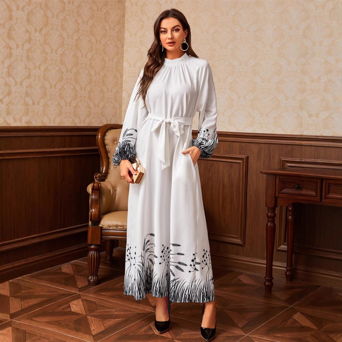 Modest Elegant Botanical Print Maxi Dress | White Crew Neck Long Sleeve Dress(MA267) - Mariam's Collection