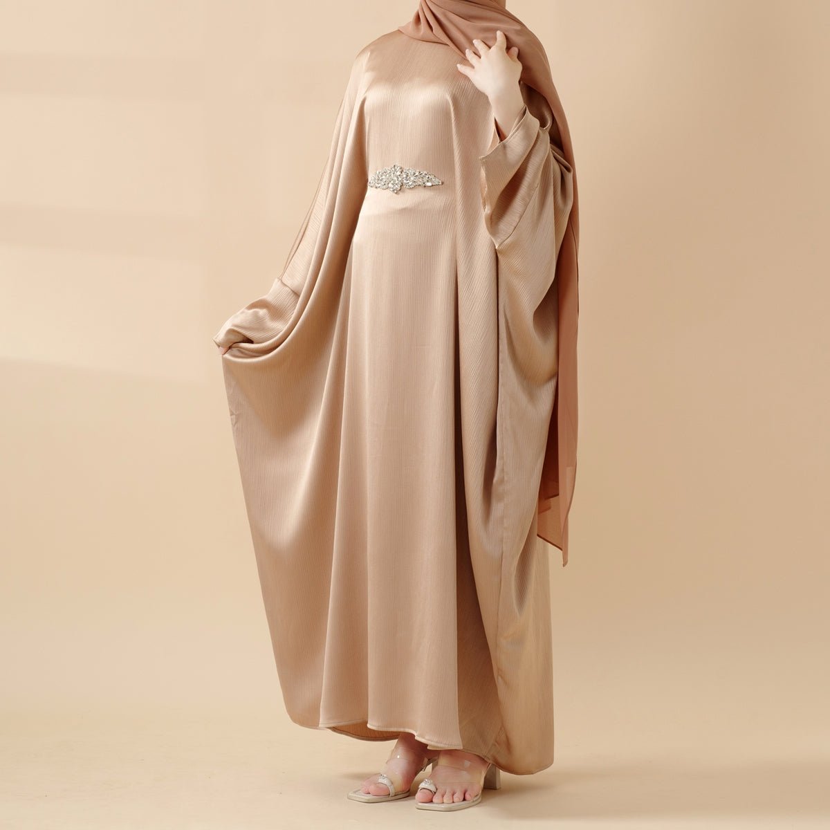 Modest Kaftan for Special Occasions: Batwing Abaya With Rhinestone Waist (MA135) - Mariam's Collection
