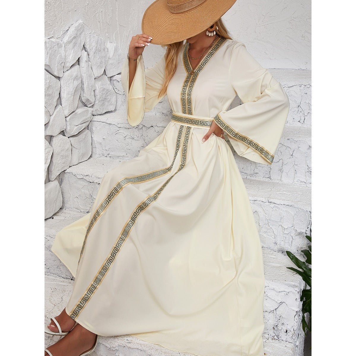 Modest Long Sleeve Maxi Dress - Elegant Abaya Dress with Flared Sleeves & Adjustable Fit(MA283) - Mariam's Collection