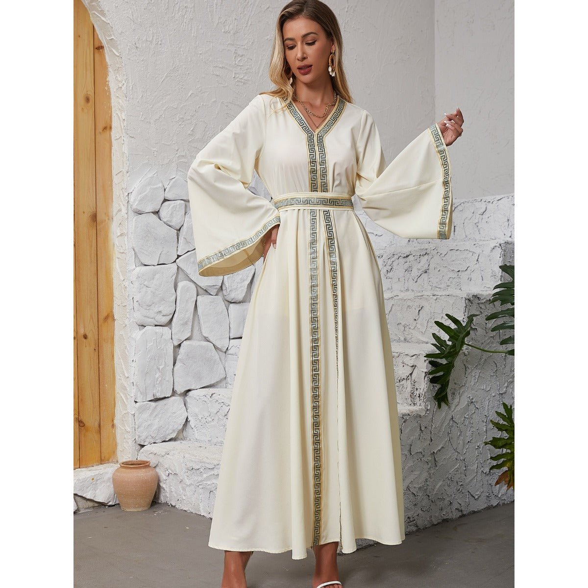 Modest Long Sleeve Maxi Dress - Elegant Abaya Dress with Flared Sleeves & Adjustable Fit(MA283) - Mariam's Collection