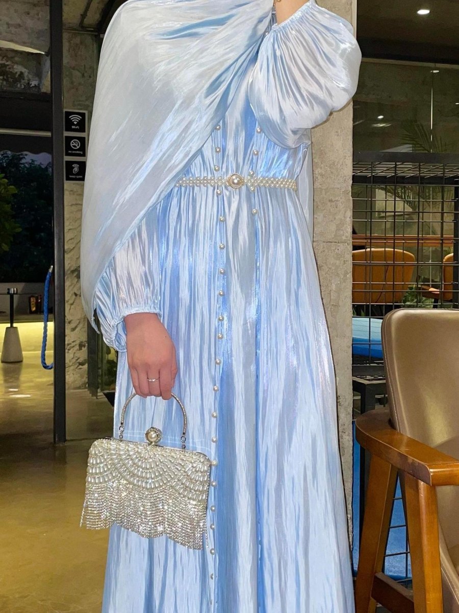 Modest Luxe Pearl - Embellished Streamer Evening Abaya Dress (MOA149) - Mariam's Collection