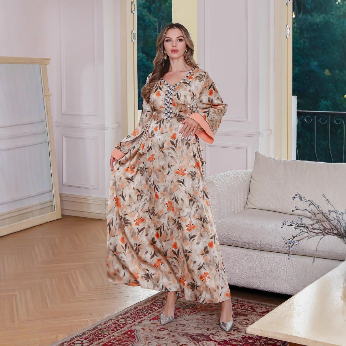 Modest Luxury Botanical Print Abaya | Cream & Orange Floral Robe Dress with Elegant Sleeve Details. (MA260) - Mariam's Collection