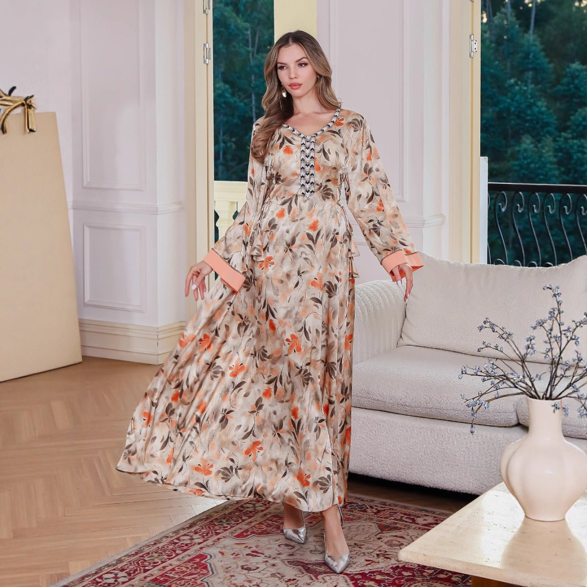 Modest Luxury Botanical Print Abaya | Cream & Orange Floral Robe Dress with Elegant Sleeve Details. (MA260) - Mariam's Collection