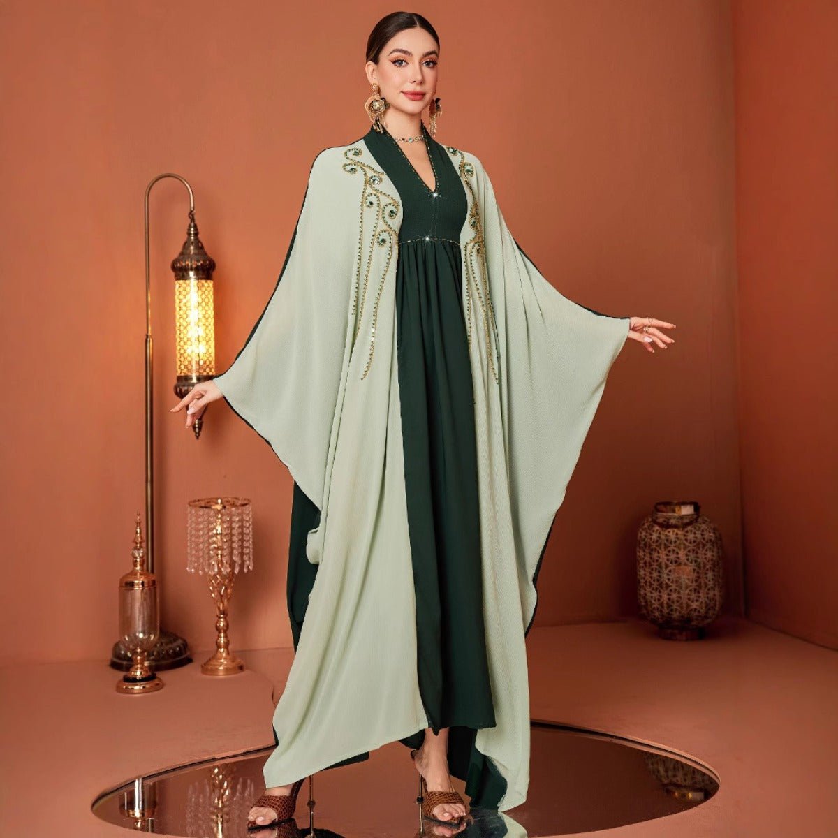 Modest Luxury Dark Green Hand - Embroidered Bead Bat - Sleeve Abaya(MA274) - Mariam's Collection