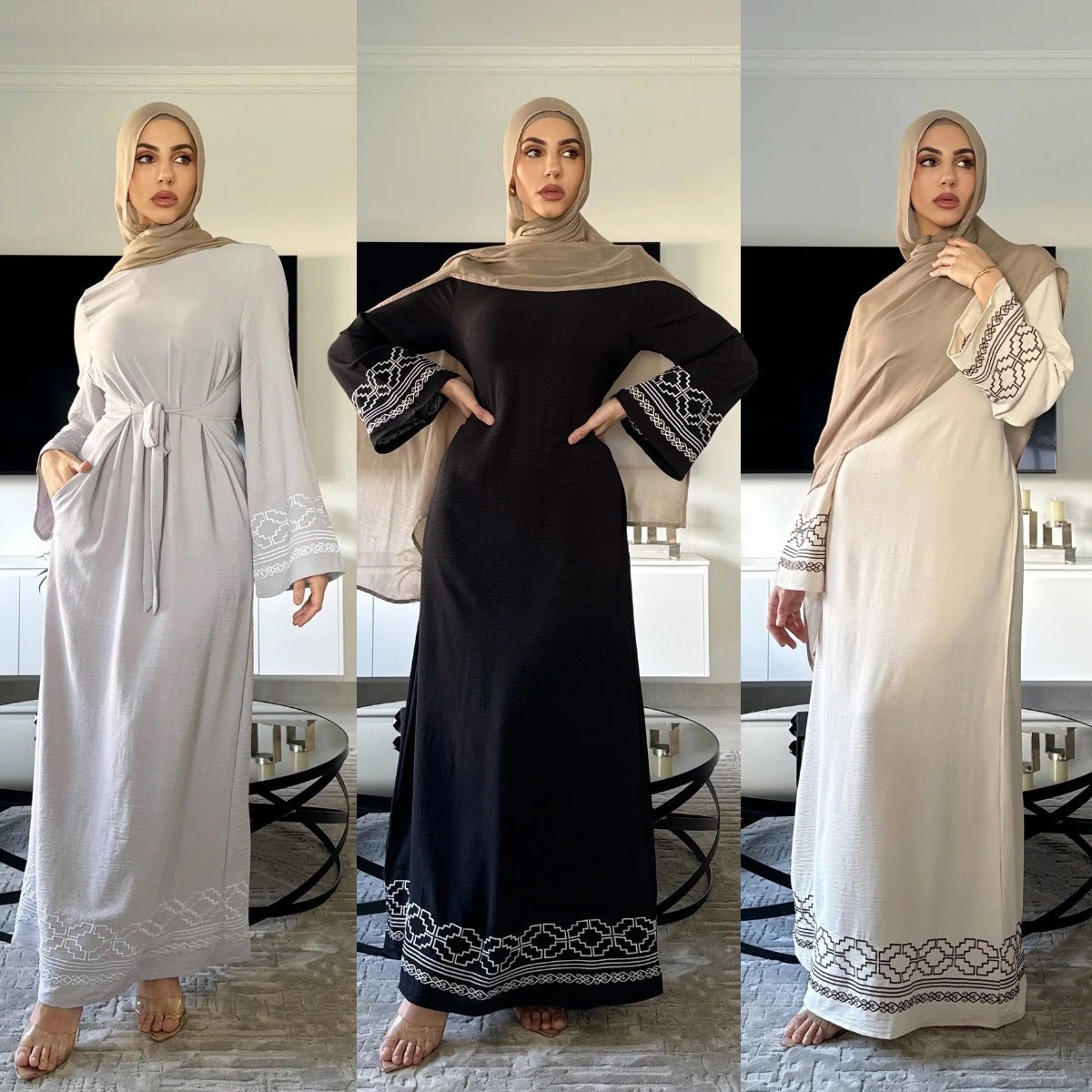 Modest Luxury Embroidered Flare Sleeve Abaya Collection | Muslim Dresses with White Geometric Embroidery. (MA262) - Mariam's Collection