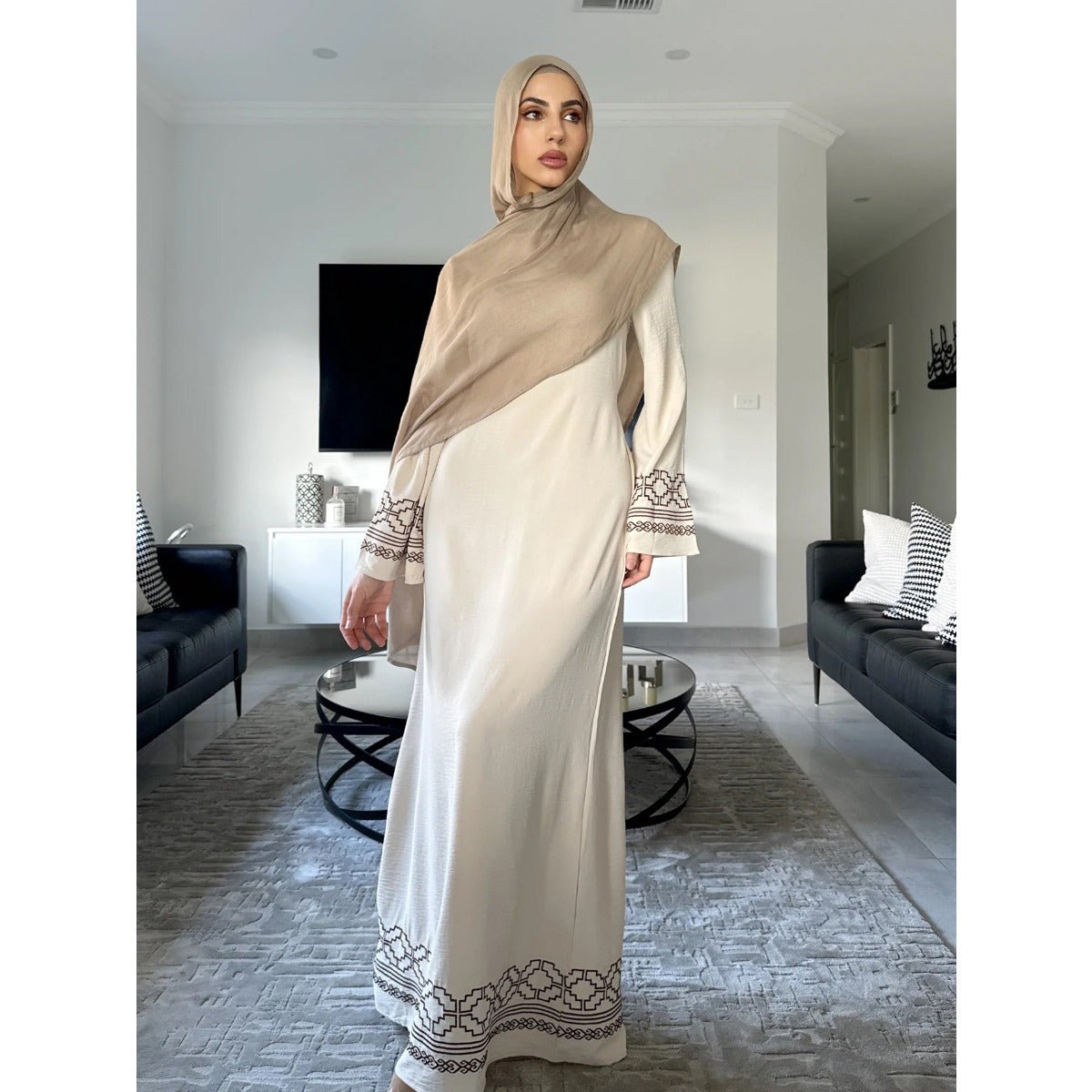 Modest Luxury Embroidered Flare Sleeve Abaya Collection | Muslim Dresses with White Geometric Embroidery. (MA262) - Mariam's Collection