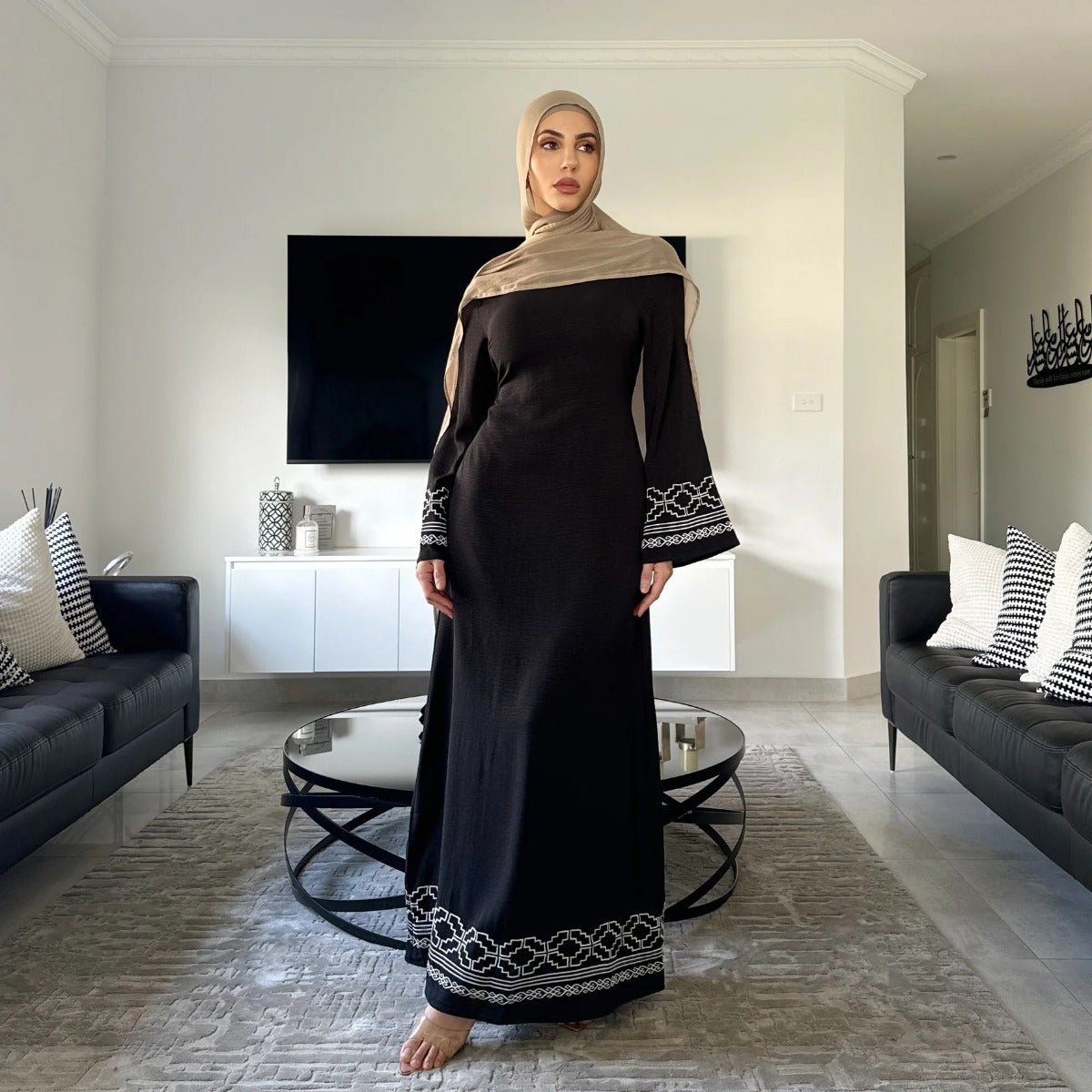 Modest Luxury Embroidered Flare Sleeve Abaya Collection | Muslim Dresses with White Geometric Embroidery. (MA262) - Mariam's Collection