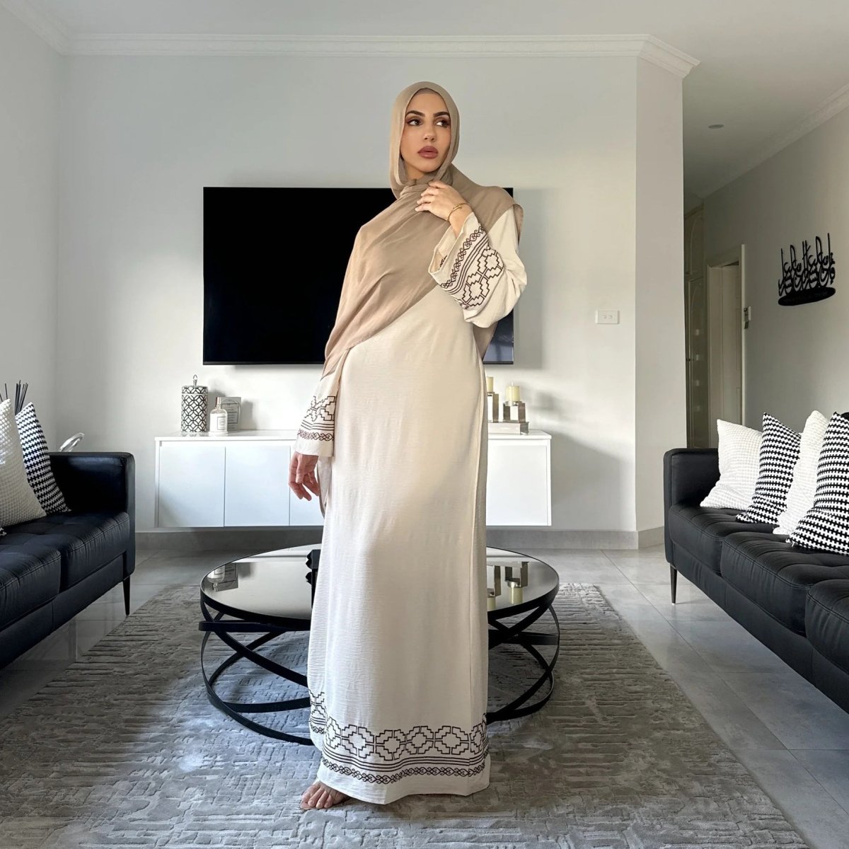 Modest Luxury Embroidered Flare Sleeve Abaya Collection | Muslim Dresses with White Geometric Embroidery. (MA262) - Mariam's Collection