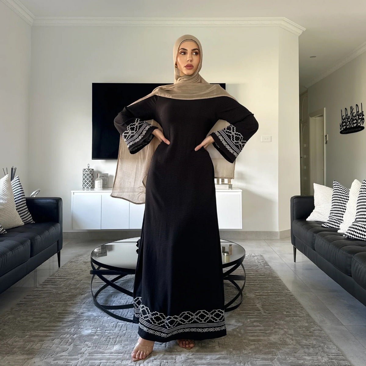 Modest Luxury Embroidered Flare Sleeve Abaya Collection | Muslim Dresses with White Geometric Embroidery. (MA262) - Mariam's Collection