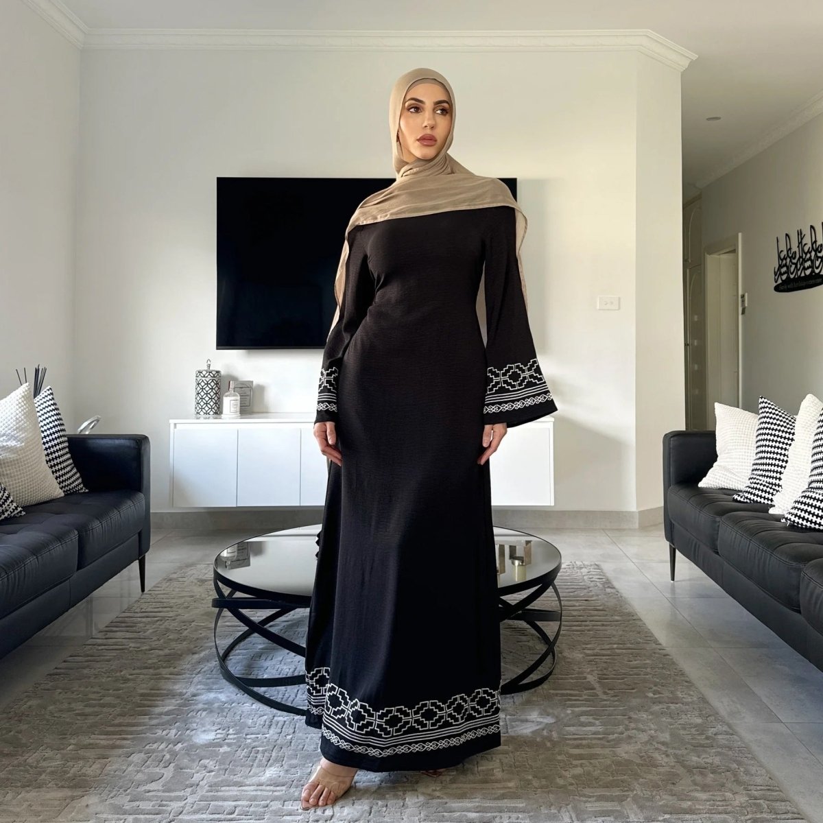 Modest Luxury Embroidered Flare Sleeve Abaya Collection | Muslim Dresses with White Geometric Embroidery. (MA262) - Mariam's Collection