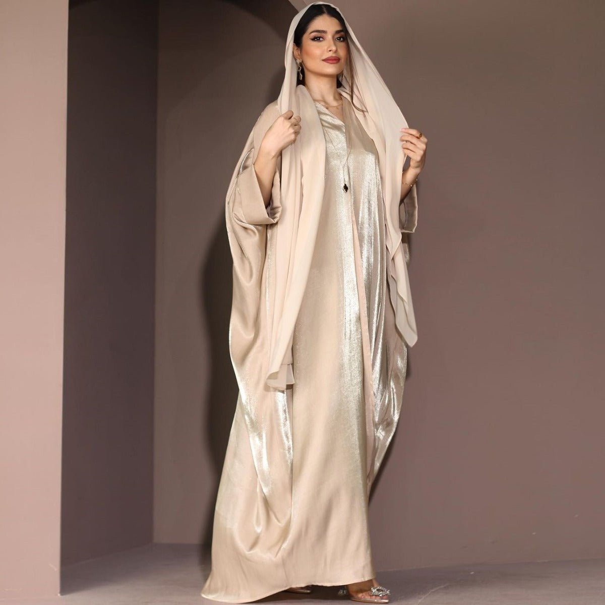 Modest Luxury Luminous Silk Satin Batwing Abaya Evening Wear. (MA265) - Mariam's Collection