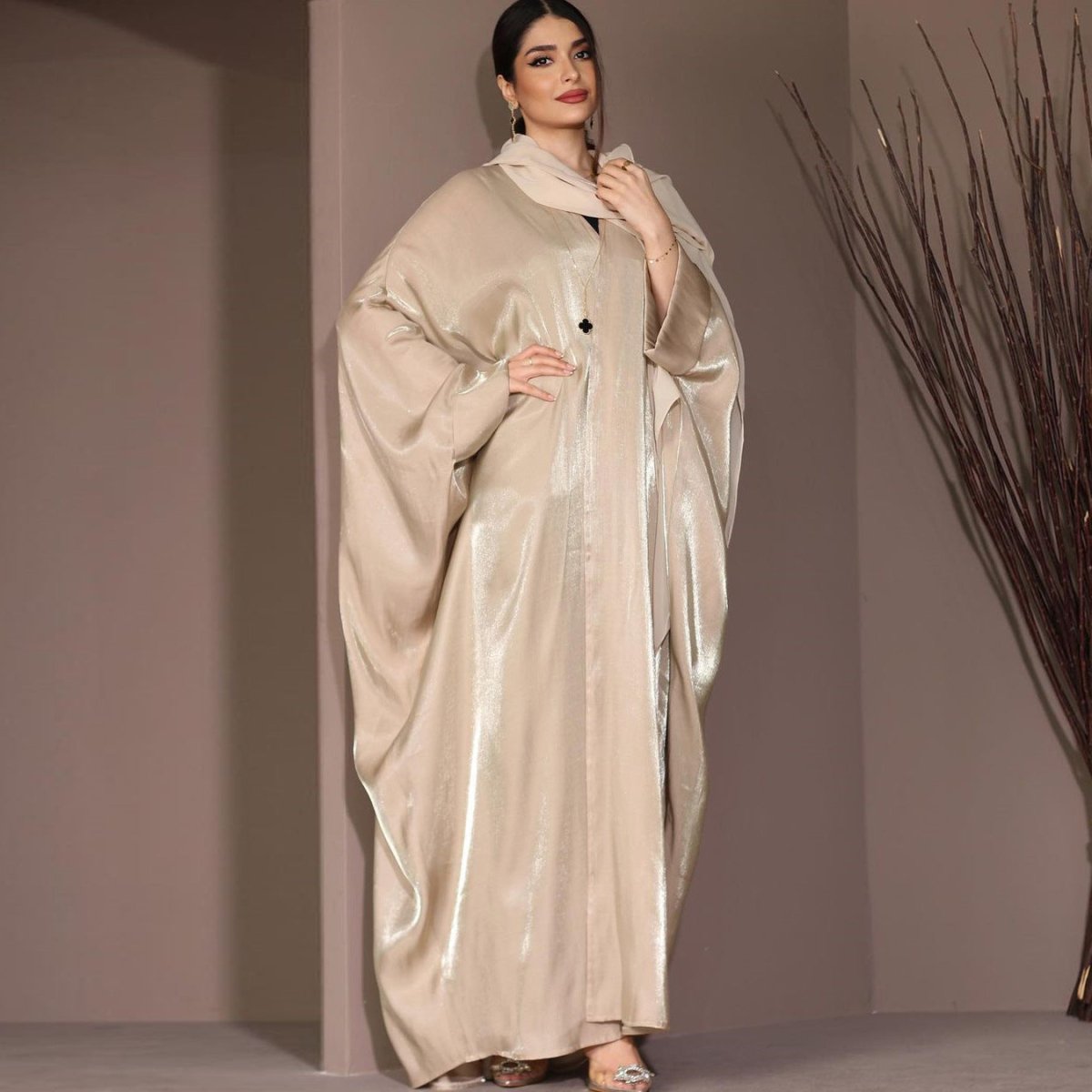Modest Luxury Luminous Silk Satin Batwing Abaya Evening Wear. (MA265) - Mariam's Collection