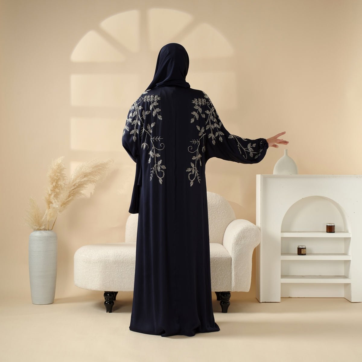 Modest Luxury Navy Blue Pleated Beaded Robe Abaya Set with Silver Embroidery. (MOA168) - Mariam's Collection