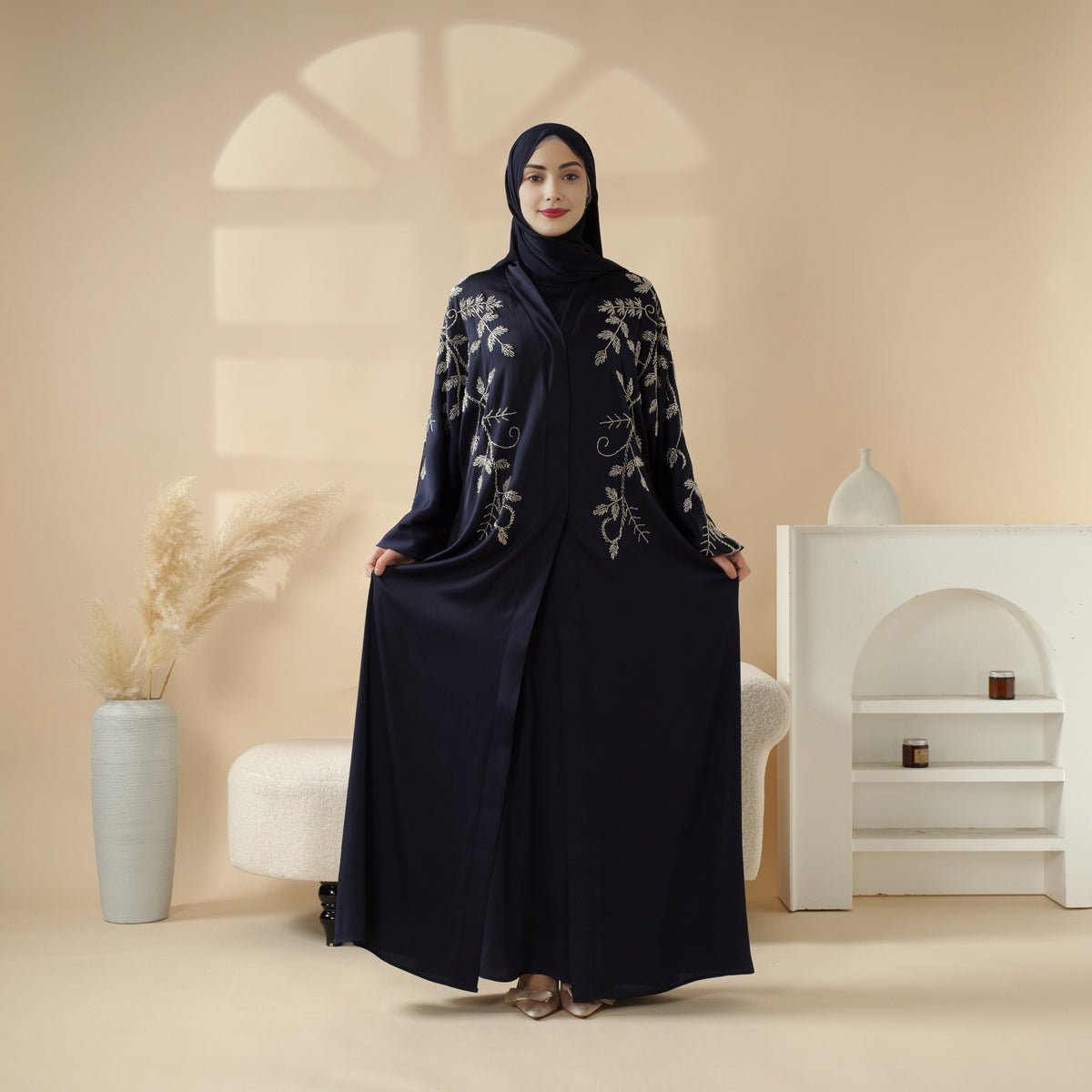 Navy Blue Pleated Abaya Set | Beaded Robe Abaya with Silver Embroidery (MOA168)