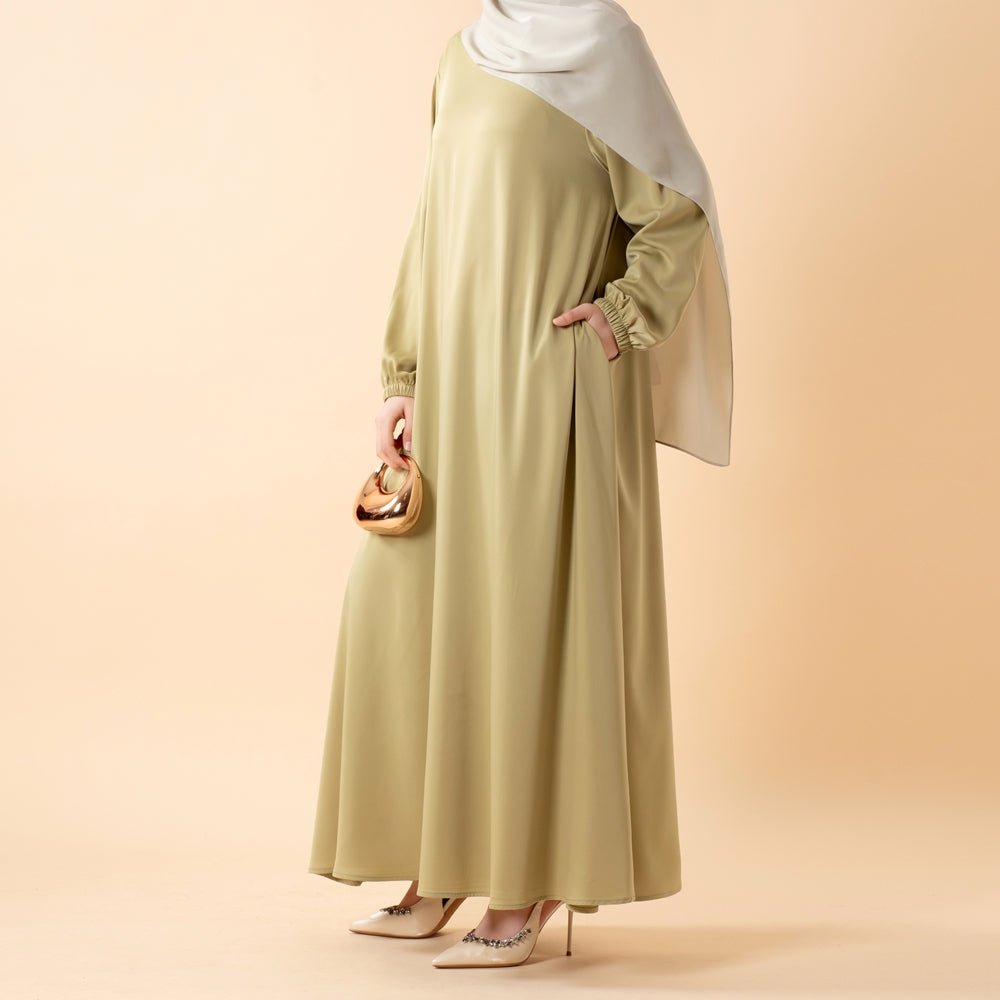 Modest Luxury Premium Satin Abaya | Umbrella Cut A - Line Abaya with Pockets (MA311) - Mariam's Collection