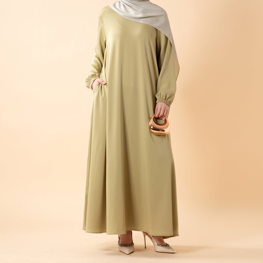 Modest Luxury Premium Satin Abaya | Umbrella Cut A - Line Abaya with Pockets (MA311) - Mariam's Collection