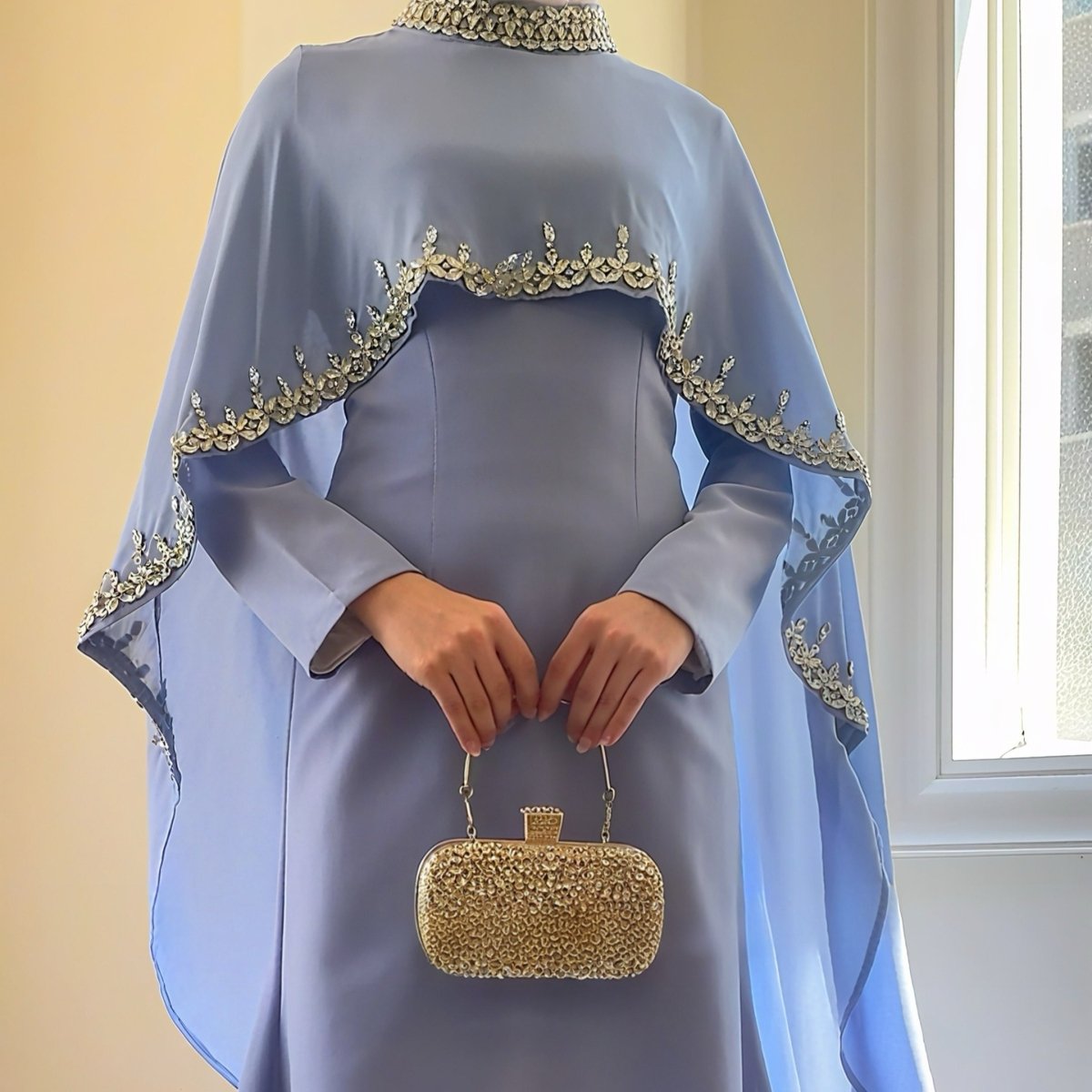 Modest Luxury Rhinestone Embellished Cape Shawl Dresses Evening Elegance (MA251) - Mariam's Collection