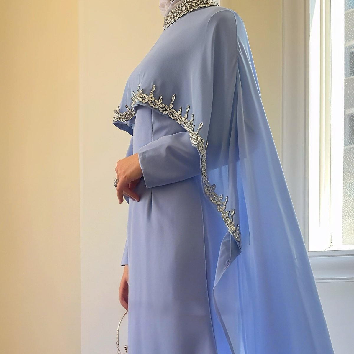 Modest Luxury Rhinestone Embellished Cape Shawl Dresses Evening Elegance (MA251) - Mariam's Collection