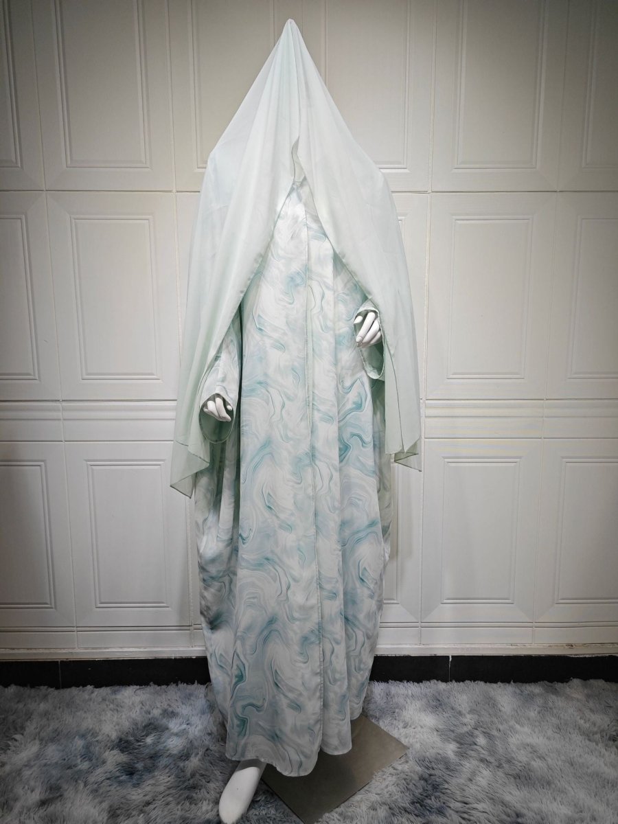 Modest Luxury Spring/Summer Ocean Breeze Abaya Set | Water Ripple Print Chiffon Cardigan with Matching Hijab. (MOA176) - Mariam's Collection