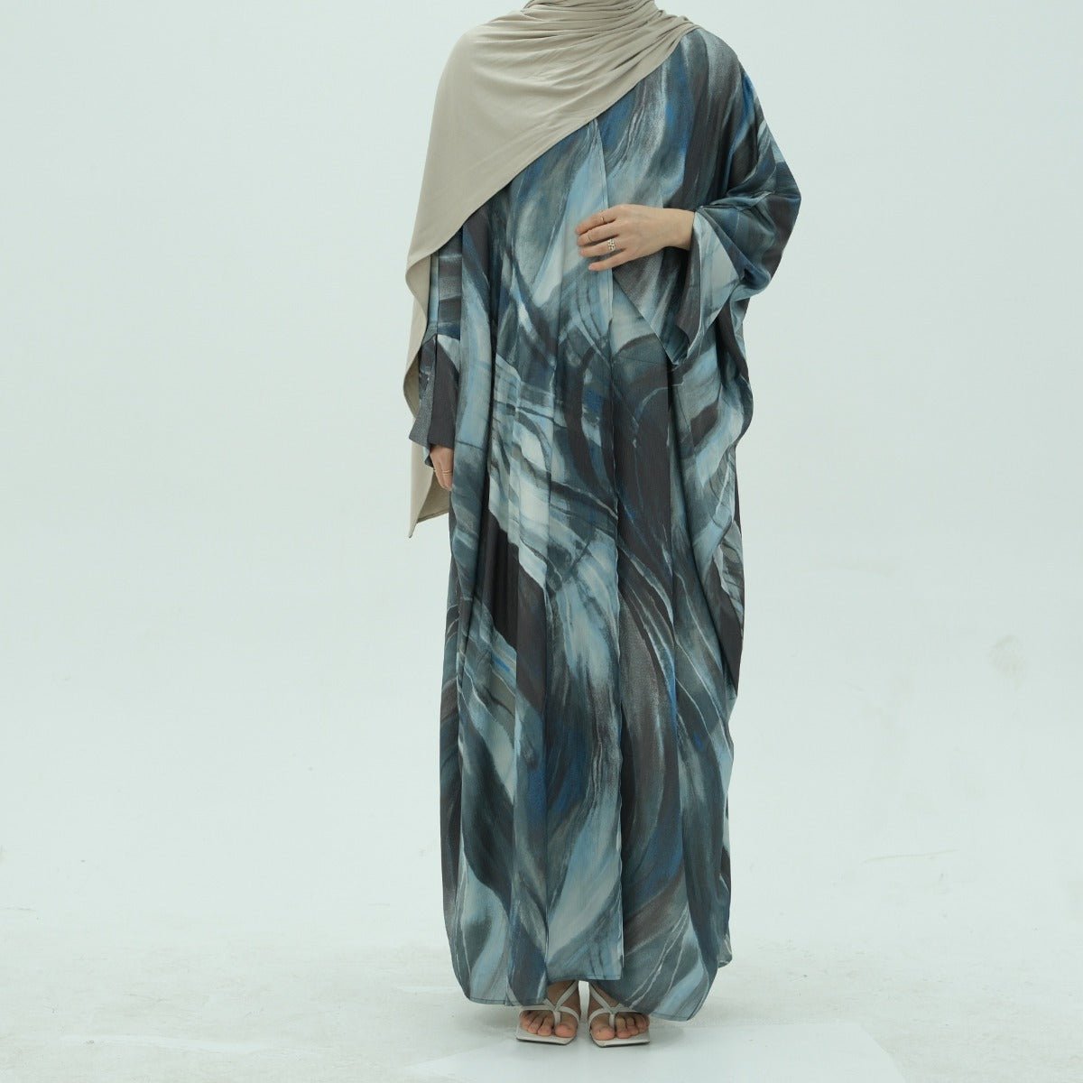 Modest Luxury Watercolor Print Cardigan Abaya | Blue - Grey Abstract Art Robe with Flowing Silhouette. (MA172) - Mariam's Collection