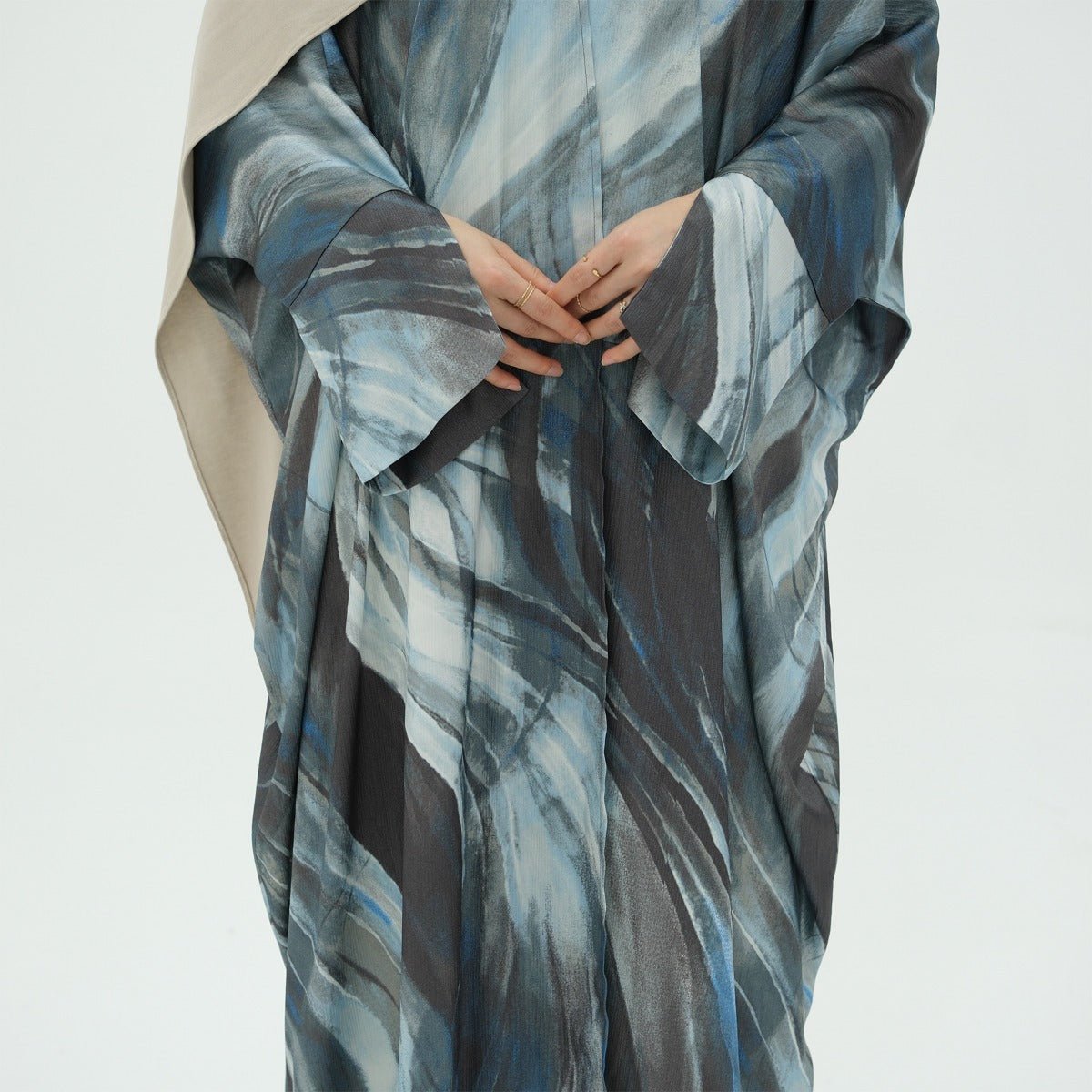 Modest Luxury Watercolor Print Cardigan Abaya | Blue - Grey Abstract Art Robe with Flowing Silhouette. (MA172) - Mariam's Collection