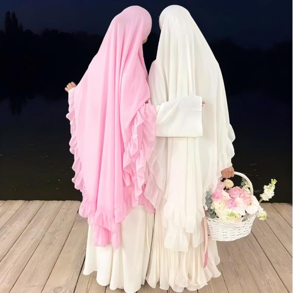 Soft Solid Color Muslim Hijabs | Double-Layer Ruffle-Edged Big Swing Headscarf