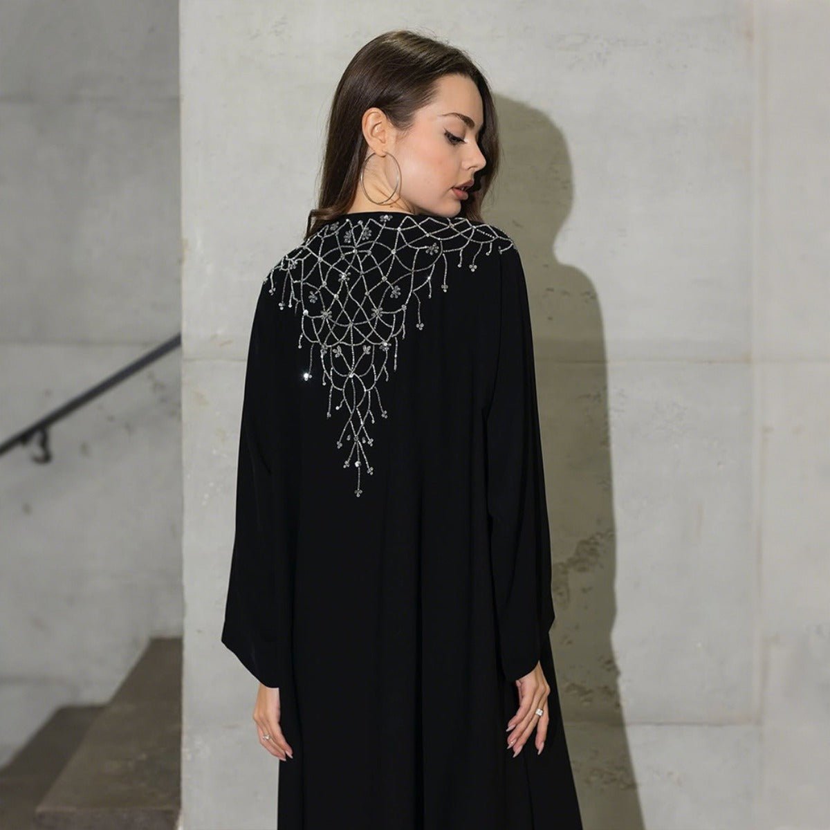 Modest Muslim Loose Fit Black Diamond Embellished V - Neck Abaya Dress(MOA208) - Mariam's Collection