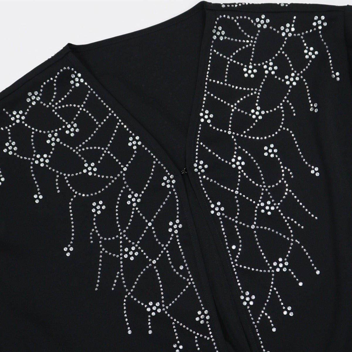 Modest Muslim Loose Fit Black Diamond Embellished V - Neck Abaya Dress(MOA208) - Mariam's Collection