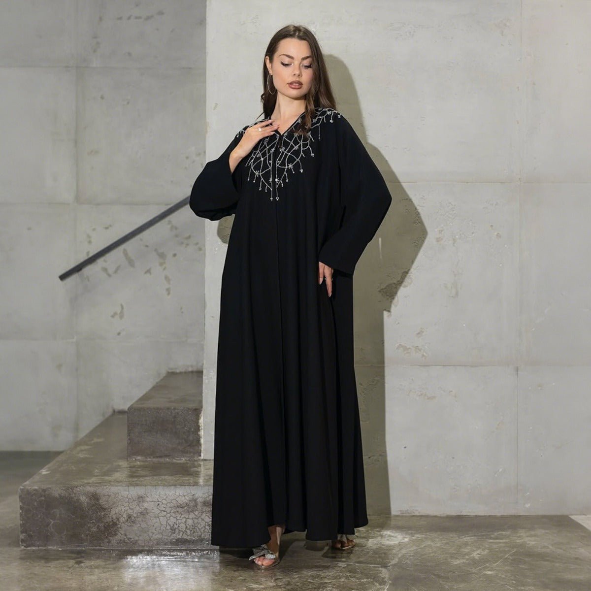 Modest Muslim Loose Fit Black Diamond Embellished V - Neck Abaya Dress(MOA208) - Mariam's Collection