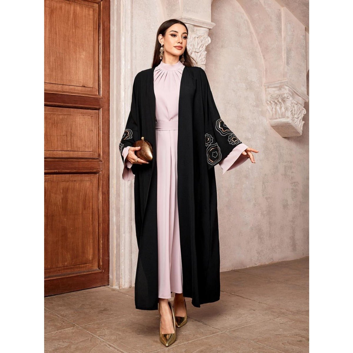 Modest Muslim Luxury Batwing Abaya Set | Black Embroidered Cardigan & Lavender Dress. (MOA181) - Mariam's Collection