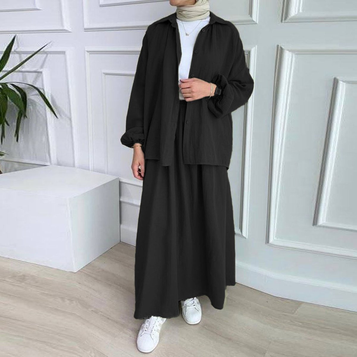 modest dresses muslim Modest Muslim Women's Bubble Sleeve Shirt Jacket & Skirt Layered Dress Set(MS078), Black / XL
