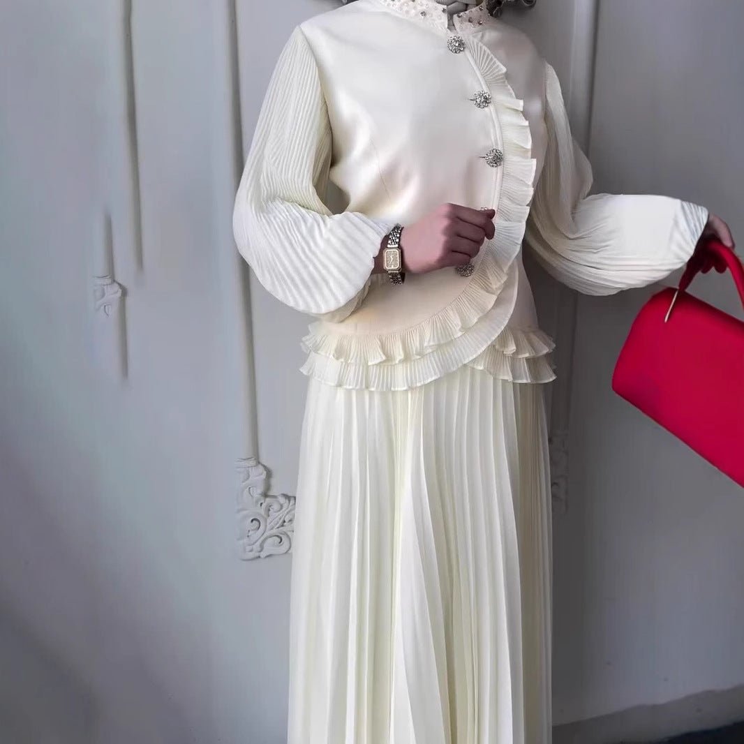Modest Muslim Women's Pleated Loose Blouse & Skirt Set with Pearl Embellishments
