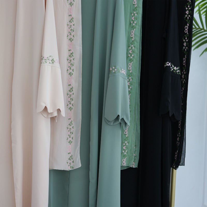 Modest Nida Fabric Floral Embroidered Bell Sleeves Cardigan 3 - Piece Set(MOA229) - Mariam's Collection