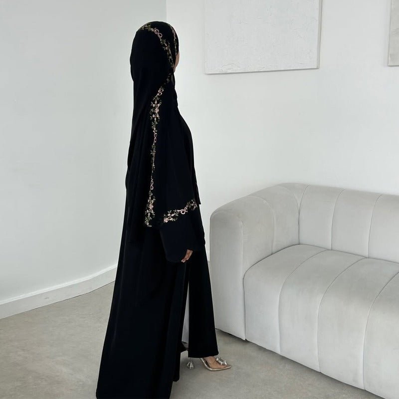 Modest Nida Fabric Floral Embroidered Bell Sleeves Cardigan 3 - Piece Set(MOA229) - Mariam's Collection