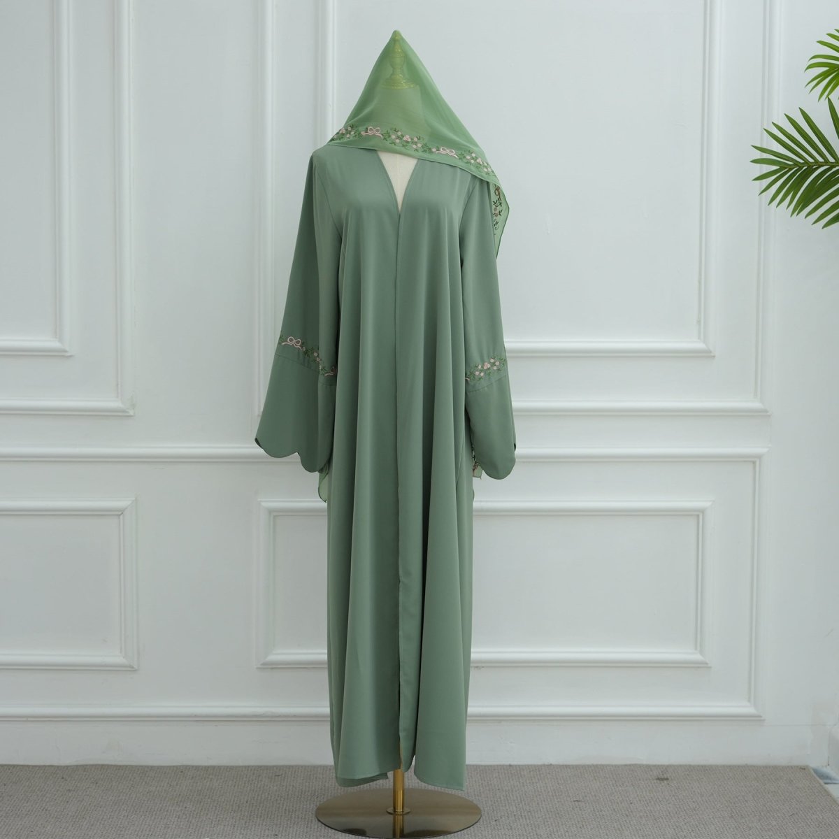 Modest Nida Fabric Floral Embroidered Bell Sleeves Cardigan 3 - Piece Set(MOA229) - Mariam's Collection