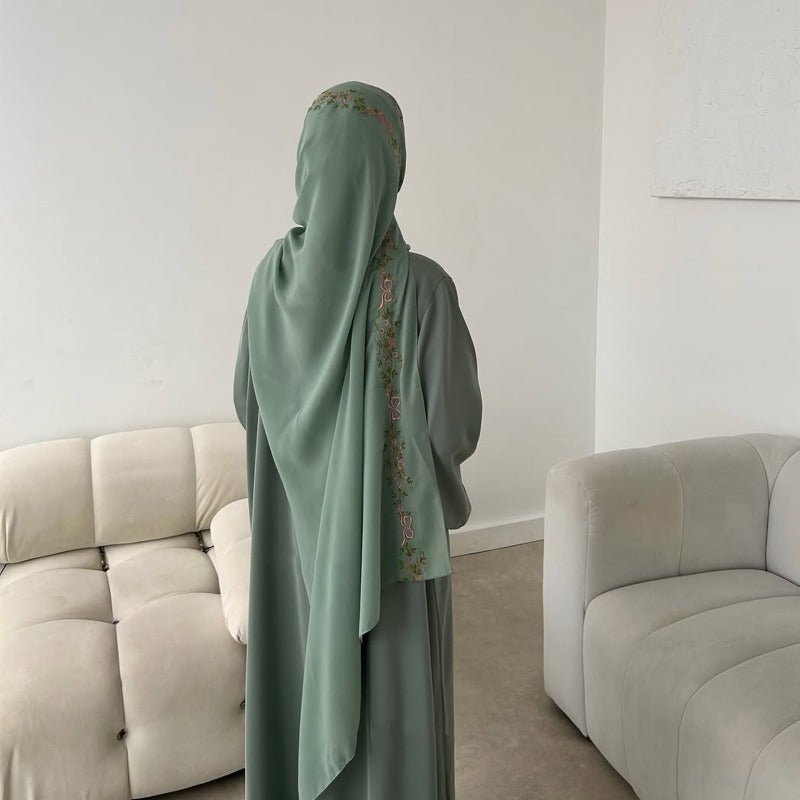 Modest Nida Fabric Floral Embroidered Bell Sleeves Cardigan 3 - Piece Set(MOA229) - Mariam's Collection