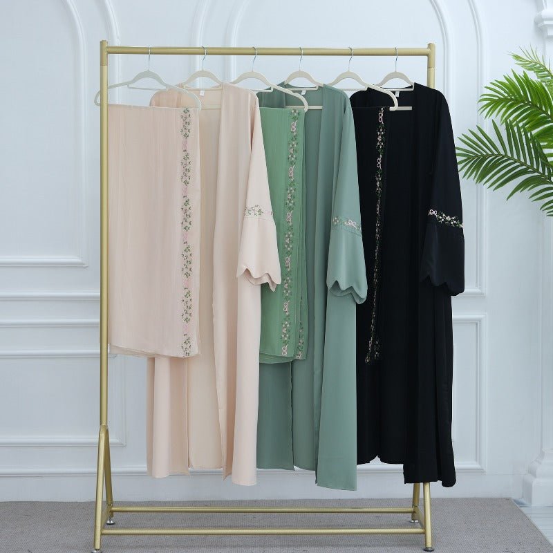 Modest Nida Fabric Floral Embroidered Bell Sleeves Cardigan 3 - Piece Set(MOA229) - Mariam's Collection