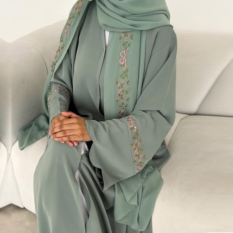Modest Nida Fabric Floral Embroidered Bell Sleeves Cardigan 3 - Piece Set(MOA229) - Mariam's Collection