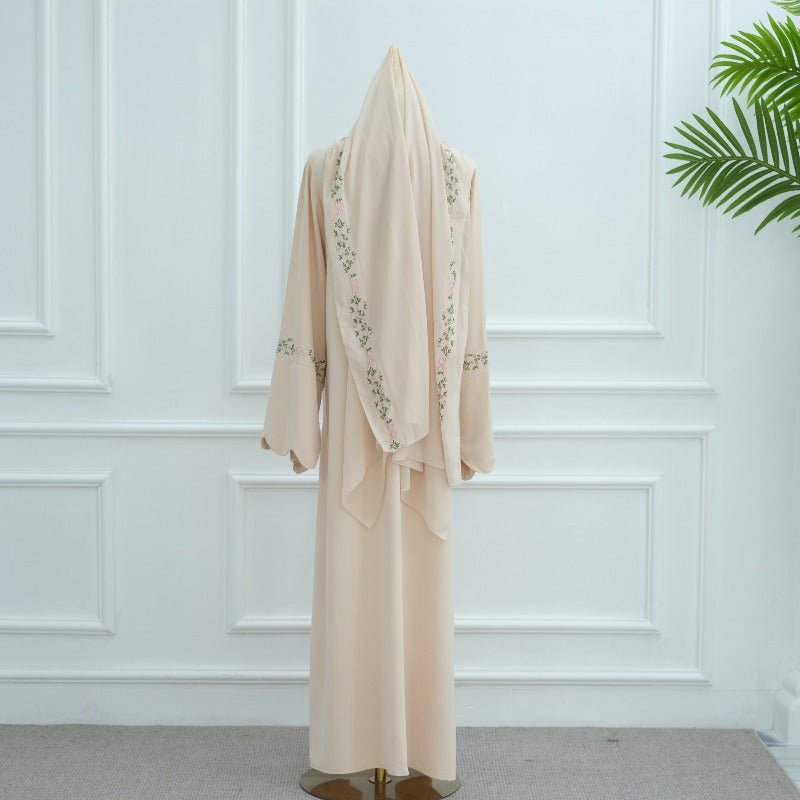 Modest Nida Fabric Floral Embroidered Bell Sleeves Cardigan 3 - Piece Set(MOA229) - Mariam's Collection