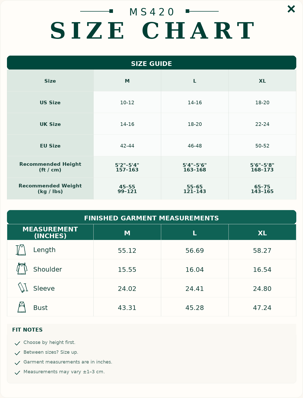 Size chart and measurement guide for the modest Nida longline tunic top