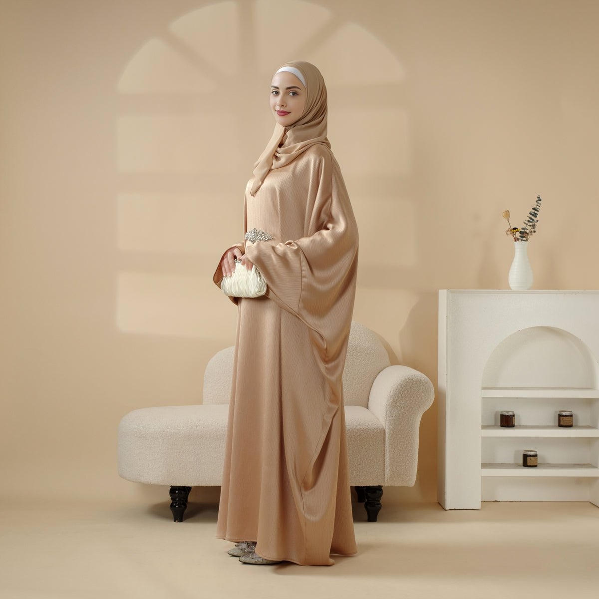 Modest Kaftan for Special Occasions: Batwing Abaya With Rhinestone Waist