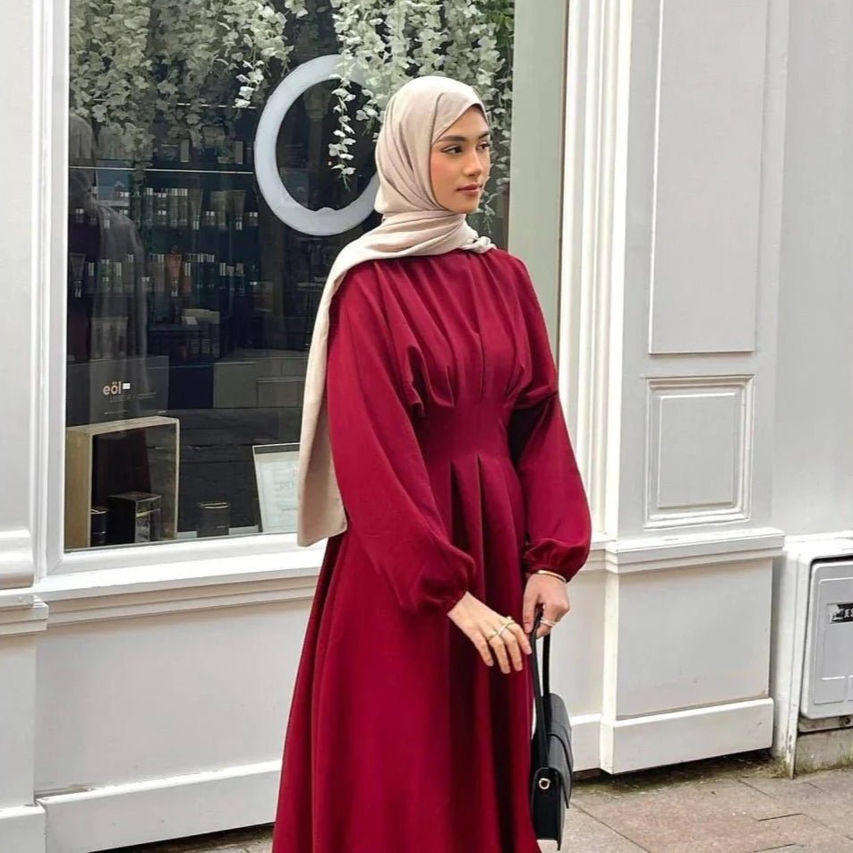 Modest Pleated Solid Color Tie - Sleeve Maxi Dress (MA171) - Mariam's Collection