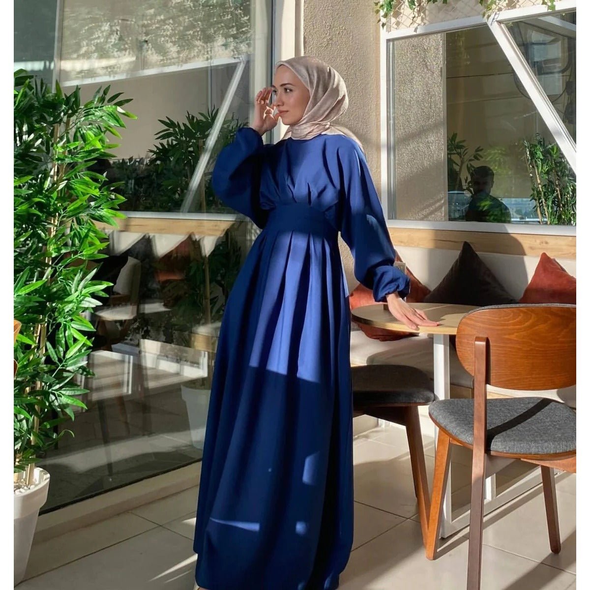 Modest Pleated Solid Color Tie - Sleeve Maxi Dress (MA171) - Mariam's Collection