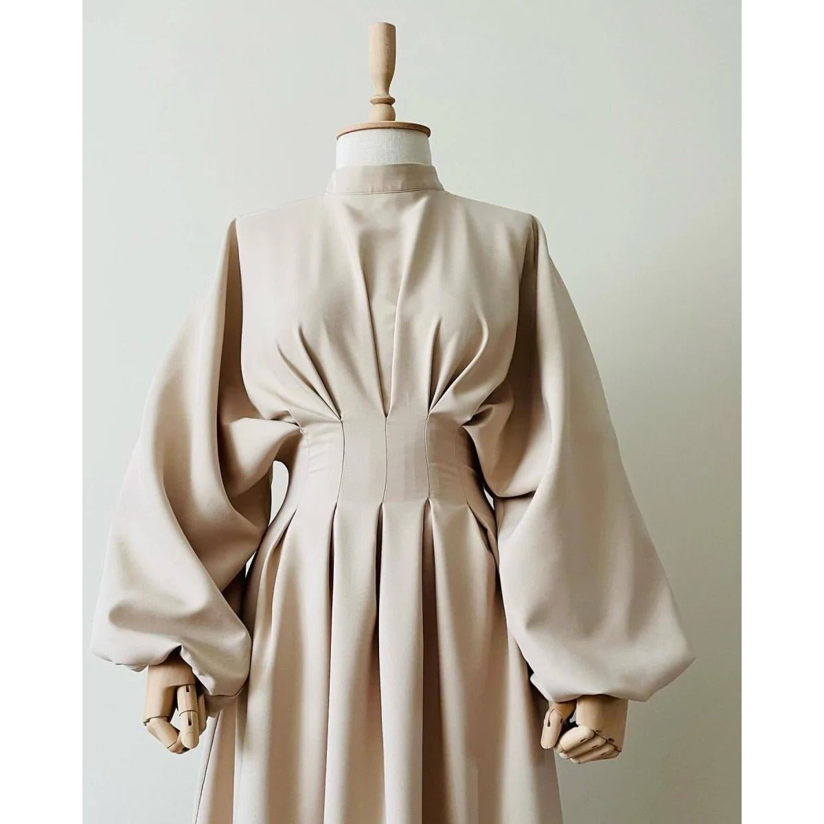 Modest Pleated Solid Color Tie - Sleeve Maxi Dress (MA171) - Mariam's Collection