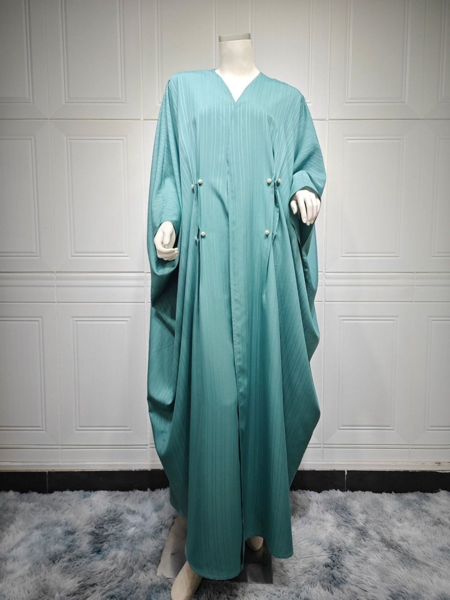 Modest Pleated Striped Abaya Cardigan Robe | V - Neck Bat Sleeve Kimono Cover - Up With Pearl Button(MOA226) - Mariam's Collection